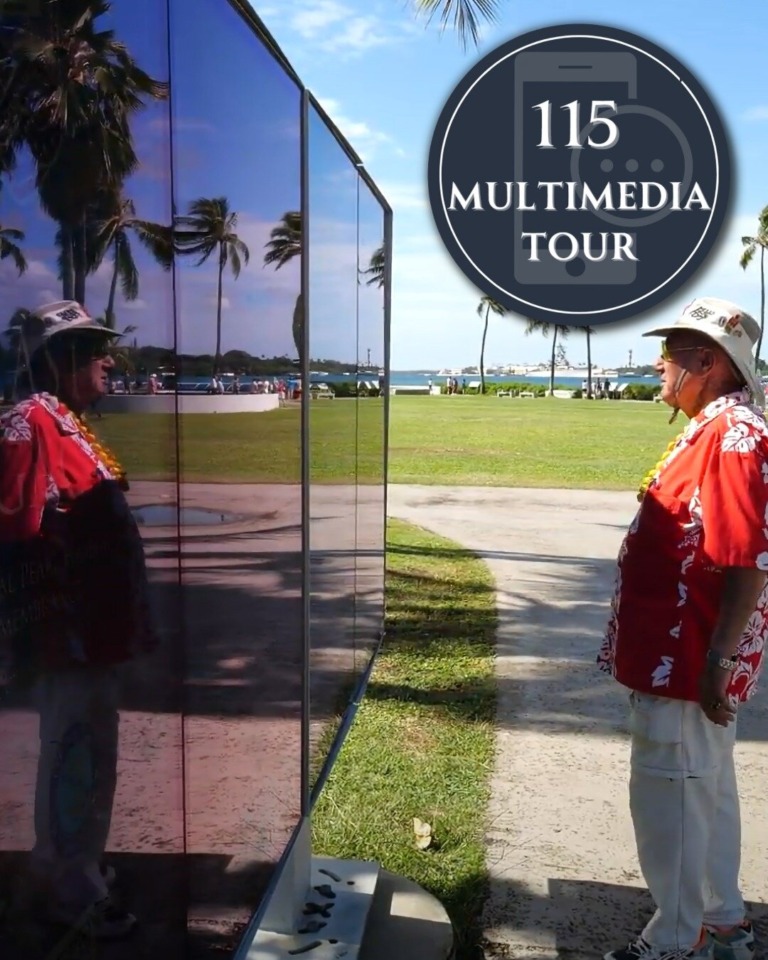 phptours uss arizona deluxe tour man reflective wall palm trees